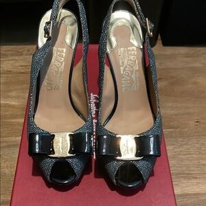 Salvatore Ferragamo Black Peep-Toe Slingback Heels (Authentic)